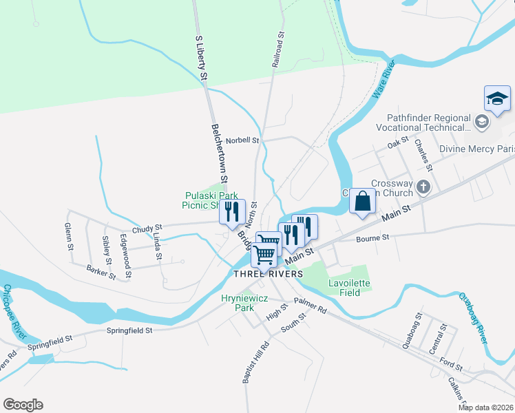 map of restaurants, bars, coffee shops, grocery stores, and more near 45 North Street in Palmer