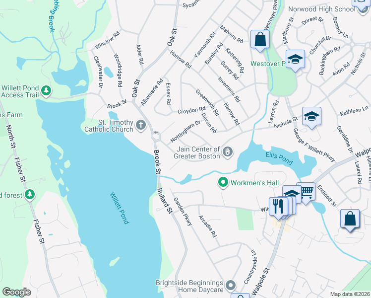 map of restaurants, bars, coffee shops, grocery stores, and more near 20 Canterbury Drive in Norwood