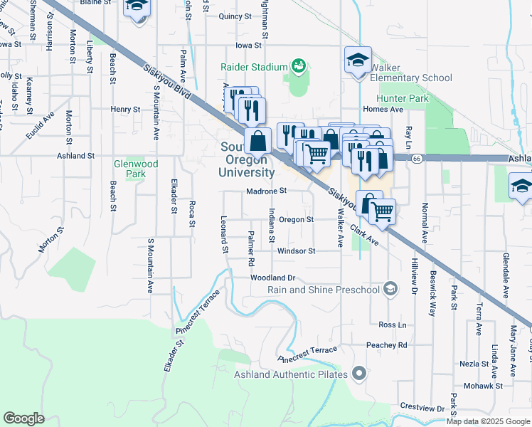 map of restaurants, bars, coffee shops, grocery stores, and more near 681 Indiana Street in Ashland