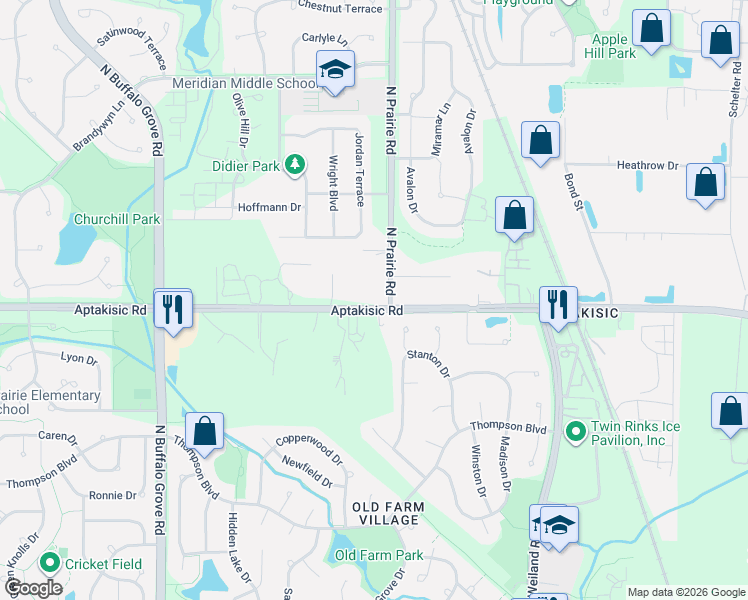 map of restaurants, bars, coffee shops, grocery stores, and more near 22026 North Prairie Road in Lake County