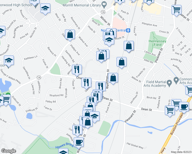 map of restaurants, bars, coffee shops, grocery stores, and more near 22 Chapel Court in Norwood