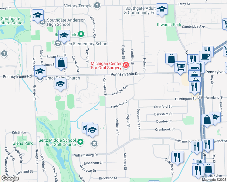 map of restaurants, bars, coffee shops, grocery stores, and more near 14720 Georgia Ave in Riverview