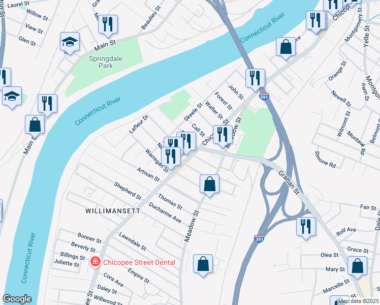 map of restaurants, bars, coffee shops, grocery stores, and more near 580 Chicopee Street in Chicopee