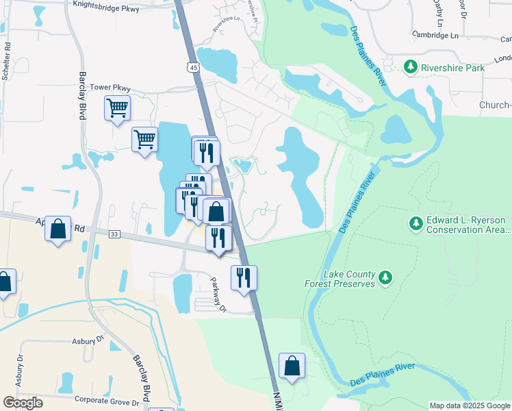 map of restaurants, bars, coffee shops, grocery stores, and more near 800 Audubon Way in Lincolnshire