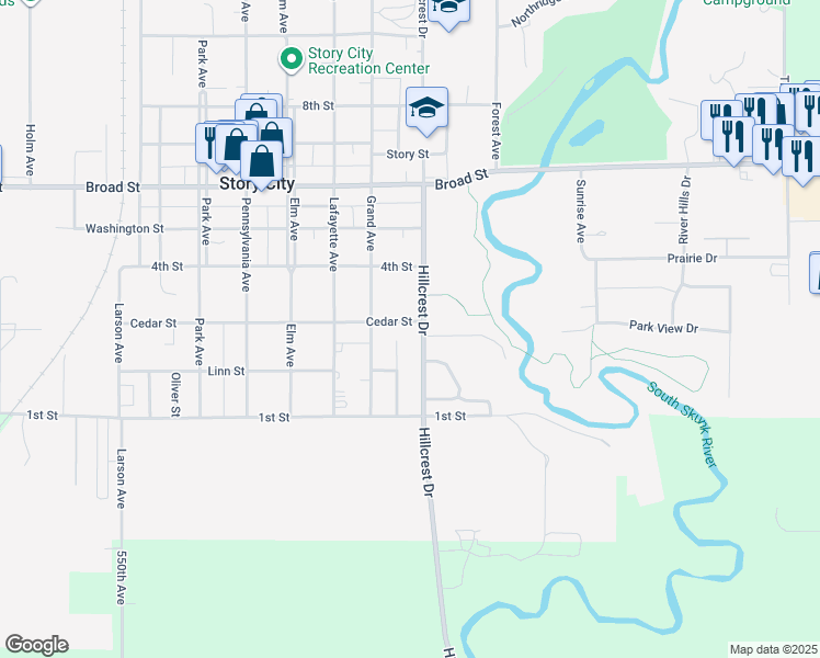 map of restaurants, bars, coffee shops, grocery stores, and more near 932 Cedar Street in Story City