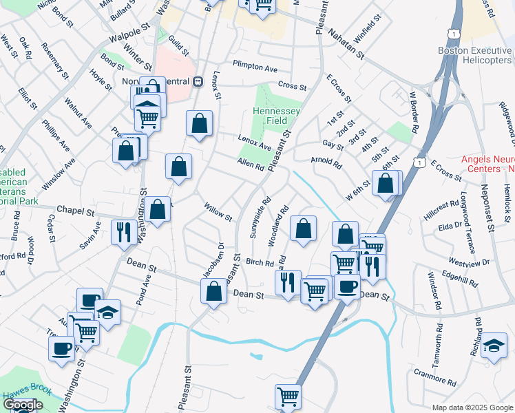 map of restaurants, bars, coffee shops, grocery stores, and more near 195 Sunnyside Road in Norwood