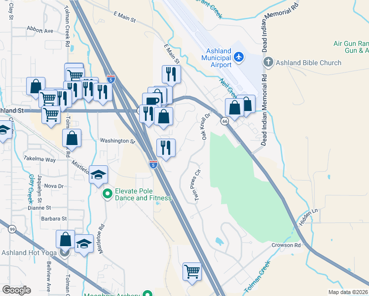 map of restaurants, bars, coffee shops, grocery stores, and more near 670 Spring Creek Drive in Ashland