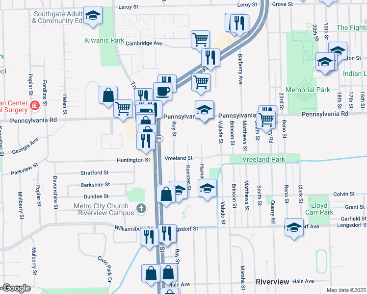 map of restaurants, bars, coffee shops, grocery stores, and more near 17128 Koester Street in Riverview
