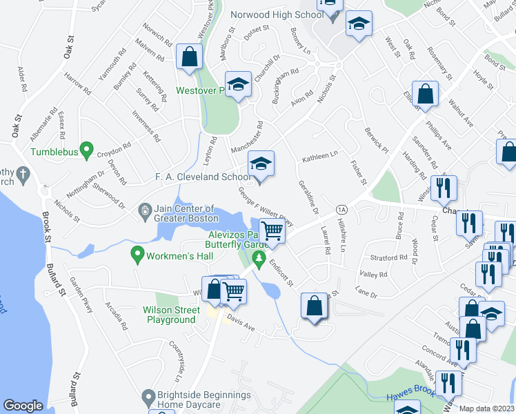 map of restaurants, bars, coffee shops, grocery stores, and more near 99 George F Willett Parkway in Norwood
