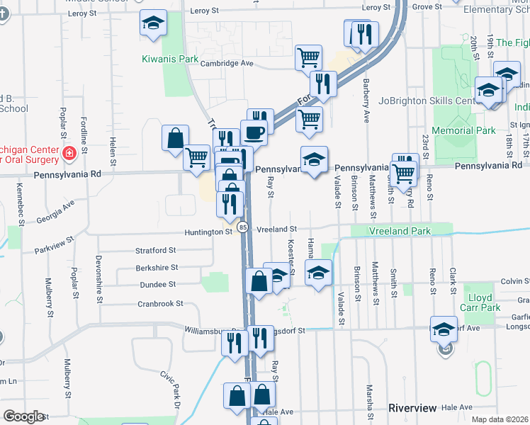 map of restaurants, bars, coffee shops, grocery stores, and more near 17130 Ray Street in Riverview