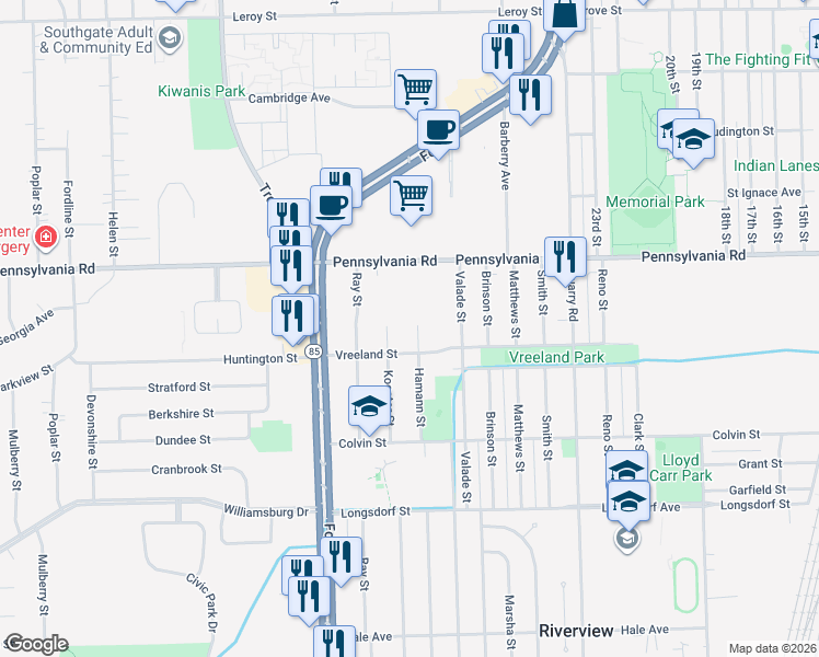 map of restaurants, bars, coffee shops, grocery stores, and more near 17137 Hamann Street in Riverview