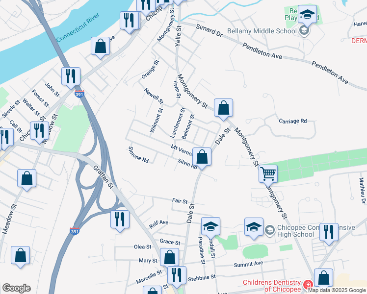 map of restaurants, bars, coffee shops, grocery stores, and more near 56 Mount Vernon Road in Chicopee