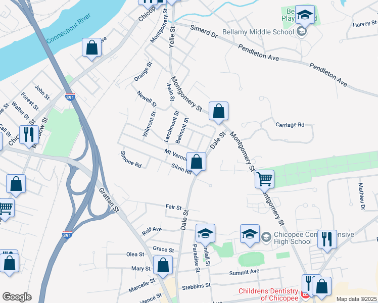 map of restaurants, bars, coffee shops, grocery stores, and more near 61 Montello Road in Chicopee