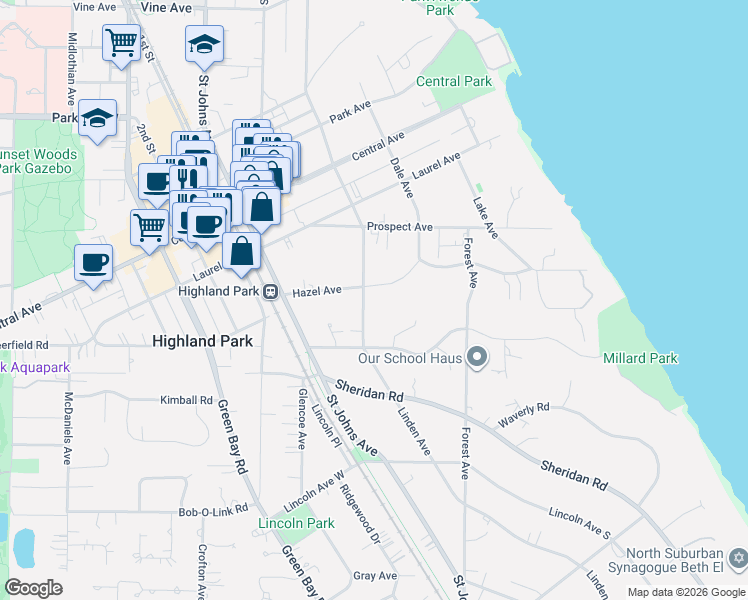 map of restaurants, bars, coffee shops, grocery stores, and more near 1676 Linden Avenue in Highland Park
