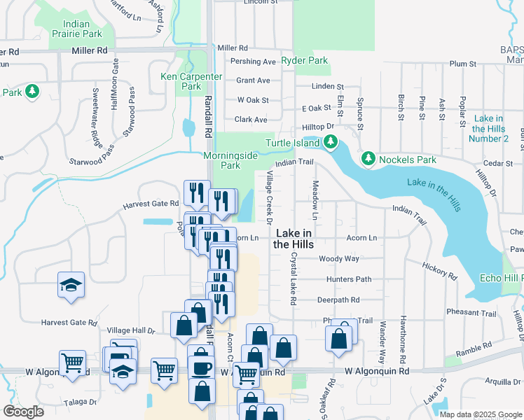 map of restaurants, bars, coffee shops, grocery stores, and more near 335 Village Creek Drive in Lake in the Hills