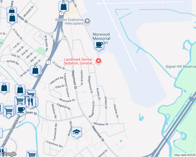 map of restaurants, bars, coffee shops, grocery stores, and more near 161 Azalea Dr in Norwood
