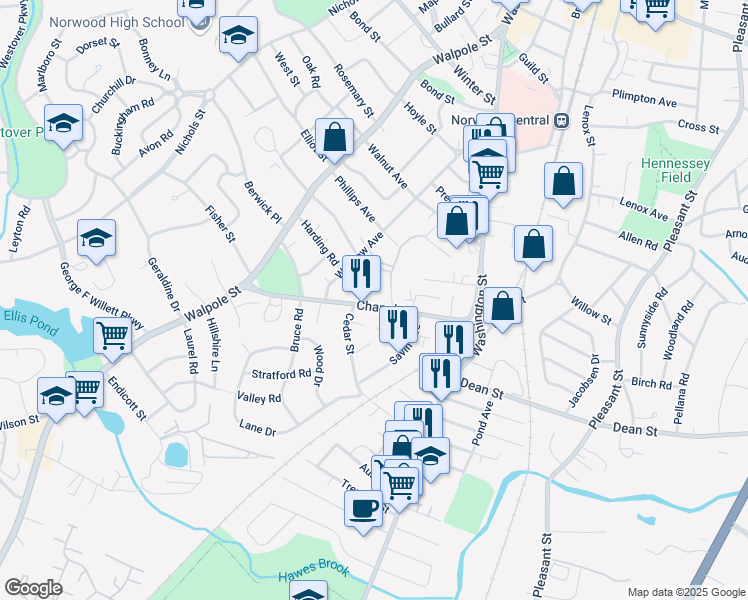map of restaurants, bars, coffee shops, grocery stores, and more near 69 Chapel Street in Norwood