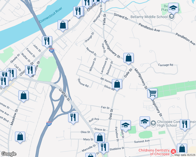 map of restaurants, bars, coffee shops, grocery stores, and more near 97 Mount Vernon Road in Chicopee