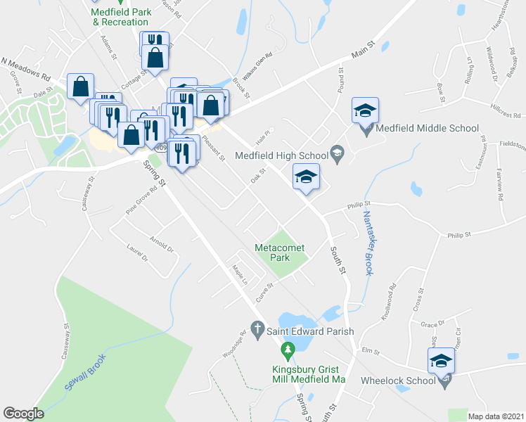 map of restaurants, bars, coffee shops, grocery stores, and more near 73 Pleasant Street in Medfield