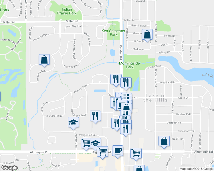 map of restaurants, bars, coffee shops, grocery stores, and more near 84 Harvest Gate in Lake in the Hills