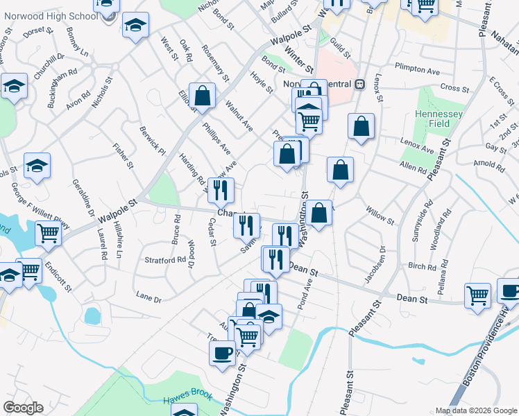 map of restaurants, bars, coffee shops, grocery stores, and more near 44 Chapel Court in Norwood