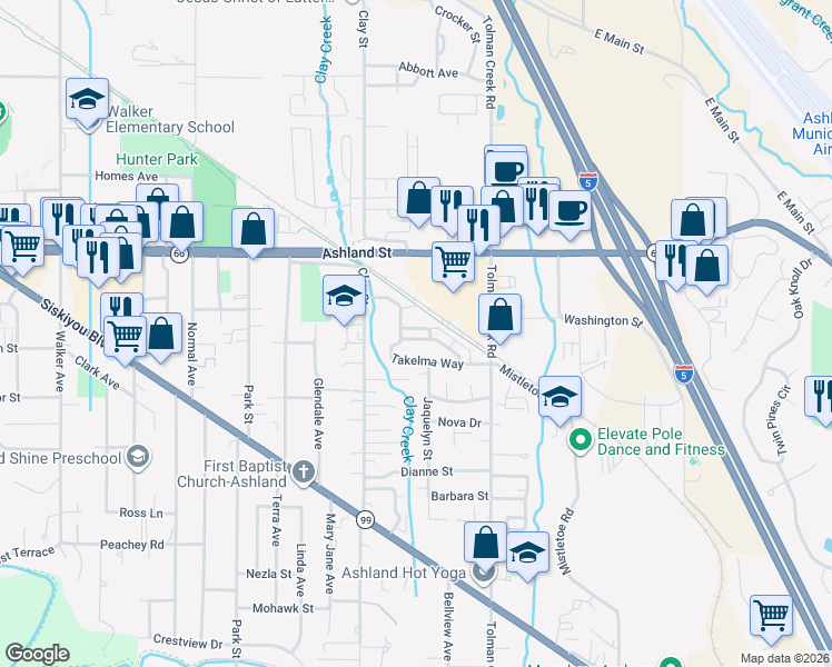 map of restaurants, bars, coffee shops, grocery stores, and more near 2689 Clay Creek Way in Ashland