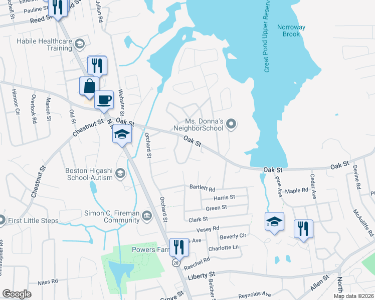 map of restaurants, bars, coffee shops, grocery stores, and more near 91 Oak Street in Randolph