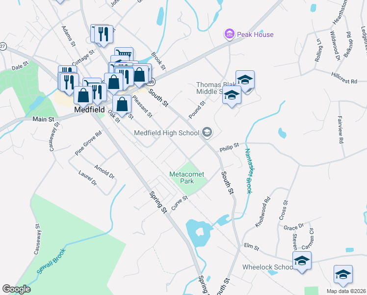 map of restaurants, bars, coffee shops, grocery stores, and more near 80 Pleasant Street in Medfield