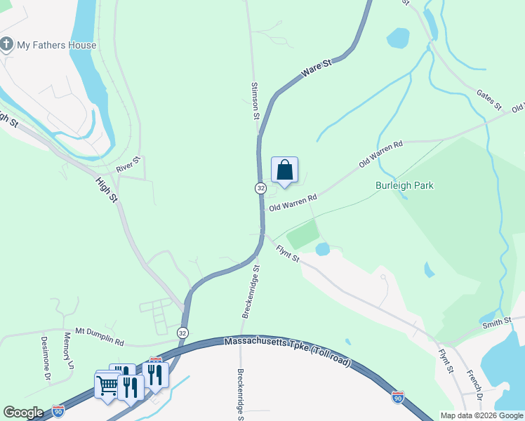 map of restaurants, bars, coffee shops, grocery stores, and more near 178 Ware Street in Palmer