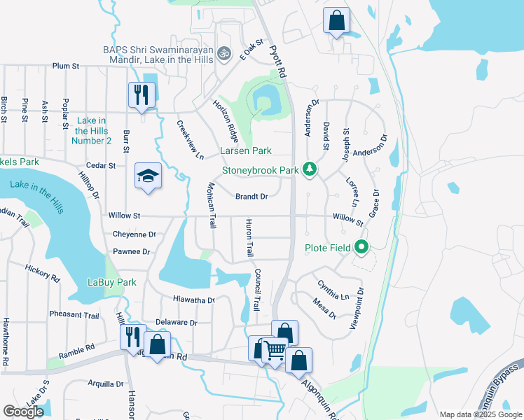 map of restaurants, bars, coffee shops, grocery stores, and more near 803 Willow Street in Lake in the Hills