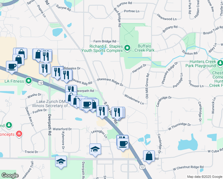 map of restaurants, bars, coffee shops, grocery stores, and more near 885 Silverwood Court in Lake Zurich