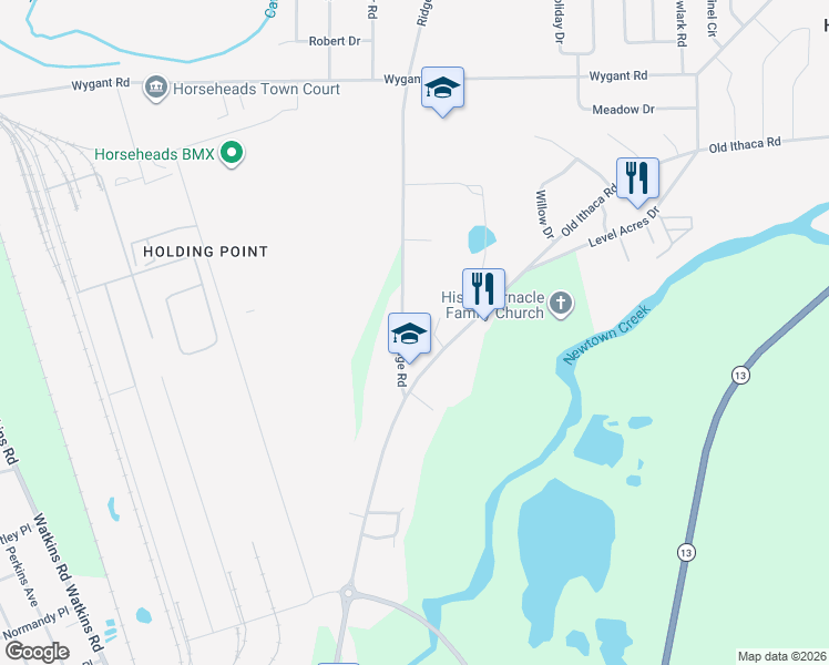 map of restaurants, bars, coffee shops, grocery stores, and more near 22 Ridge Road in Horseheads