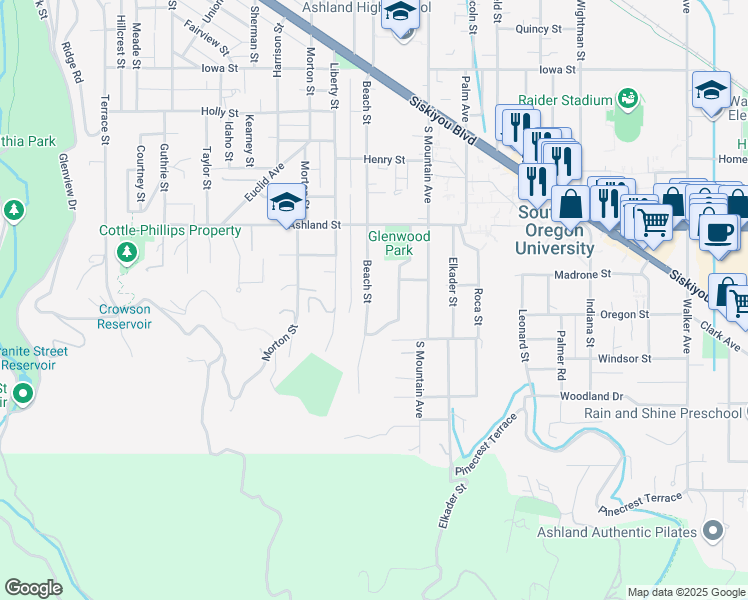 map of restaurants, bars, coffee shops, grocery stores, and more near 680 Beach Street in Ashland