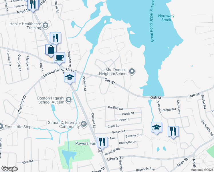 map of restaurants, bars, coffee shops, grocery stores, and more near 91 Oak Street in Randolph