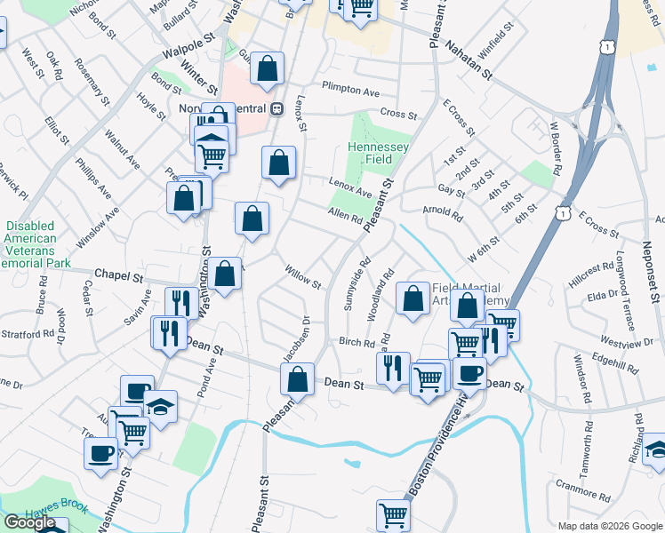 map of restaurants, bars, coffee shops, grocery stores, and more near 4 Fern Street in Norwood