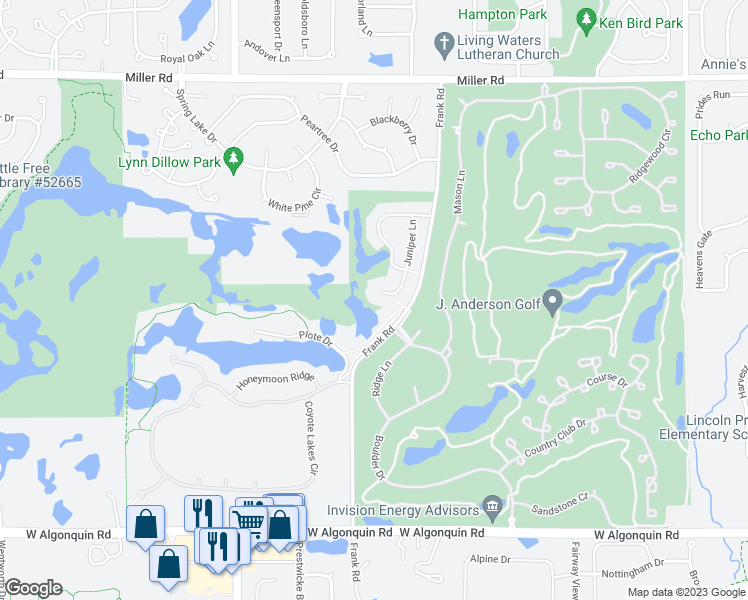 map of restaurants, bars, coffee shops, grocery stores, and more near 22 Juniper Court in Lake in the Hills