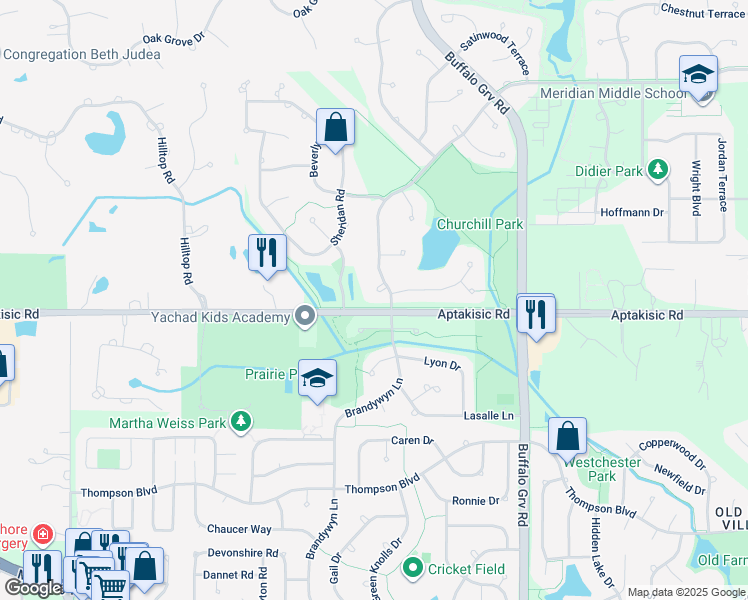 map of restaurants, bars, coffee shops, grocery stores, and more near 1804 Brandywyn Lane in Buffalo Grove