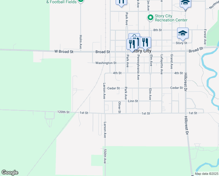 map of restaurants, bars, coffee shops, grocery stores, and more near 211 Cedar Street in Story City