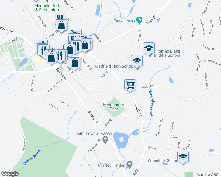 map of restaurants, bars, coffee shops, grocery stores, and more near 80 Pleasant Street in Medfield