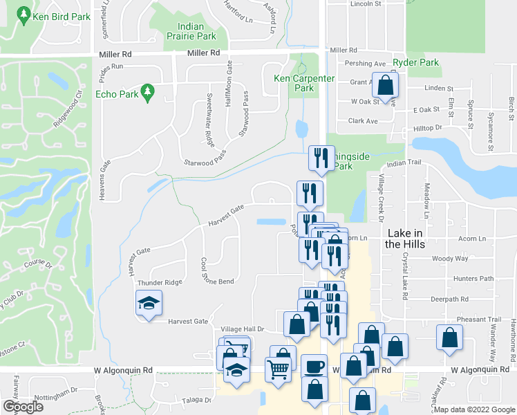map of restaurants, bars, coffee shops, grocery stores, and more near 132 Harvest Gate in Lake in the Hills