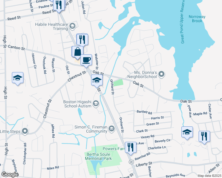 map of restaurants, bars, coffee shops, grocery stores, and more near 76 Orchard Street in Randolph