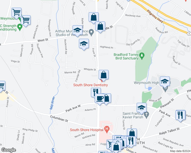 map of restaurants, bars, coffee shops, grocery stores, and more near 1119 Front Street in Weymouth