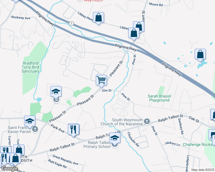 map of restaurants, bars, coffee shops, grocery stores, and more near 475 Pleasant Street in Weymouth
