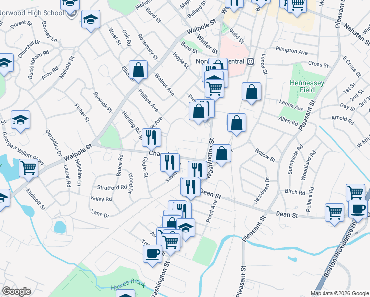 map of restaurants, bars, coffee shops, grocery stores, and more near Chapel Court in Norwood