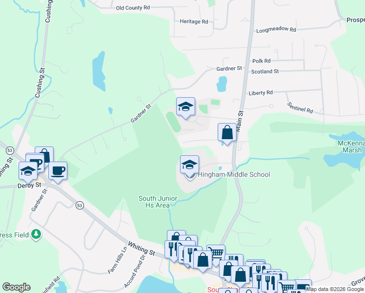 map of restaurants, bars, coffee shops, grocery stores, and more near 18 Pine Grove Road in Hingham