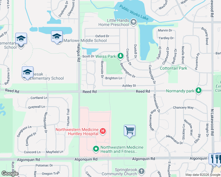 map of restaurants, bars, coffee shops, grocery stores, and more near 10331 Ashley Street in Huntley
