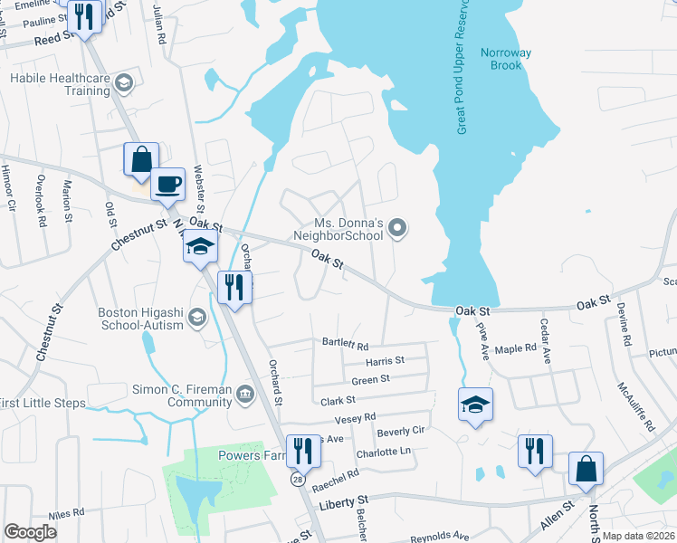 map of restaurants, bars, coffee shops, grocery stores, and more near 91 Oak Street in Randolph
