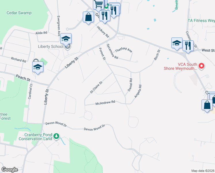 map of restaurants, bars, coffee shops, grocery stores, and more near 36 Old Coach Road in Braintree