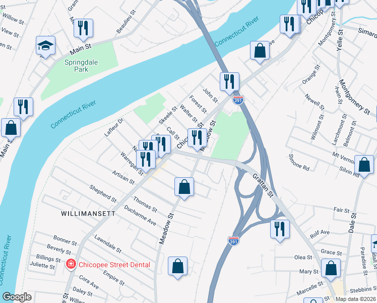 map of restaurants, bars, coffee shops, grocery stores, and more near 1191 Grattan Street in Chicopee