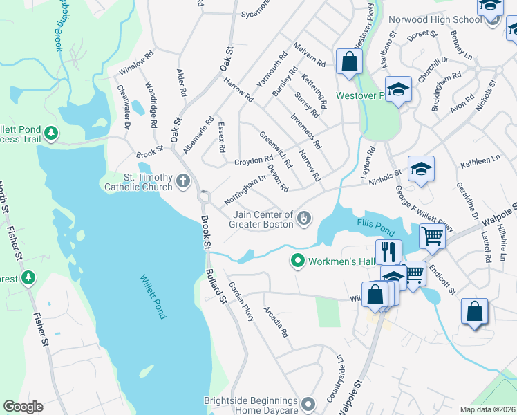 map of restaurants, bars, coffee shops, grocery stores, and more near 20 Canterbury Drive in Norwood